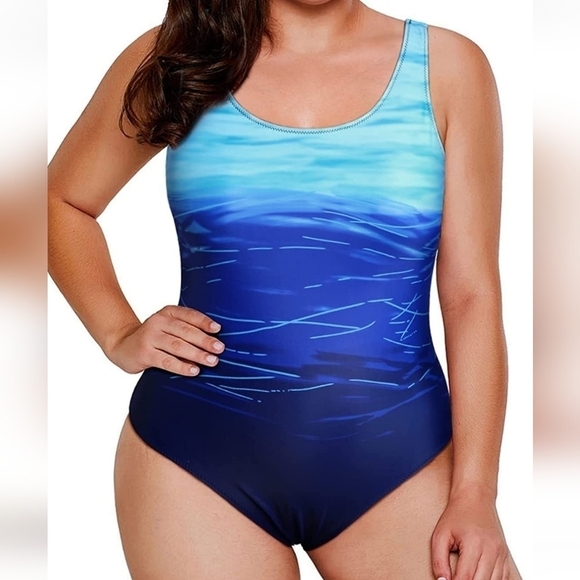 Blue pattern one piece swimsuit - Picture 1 of 5